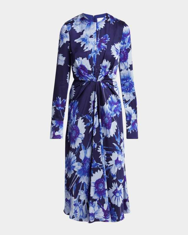 Floral Draped Long Sleeve Midi Dress